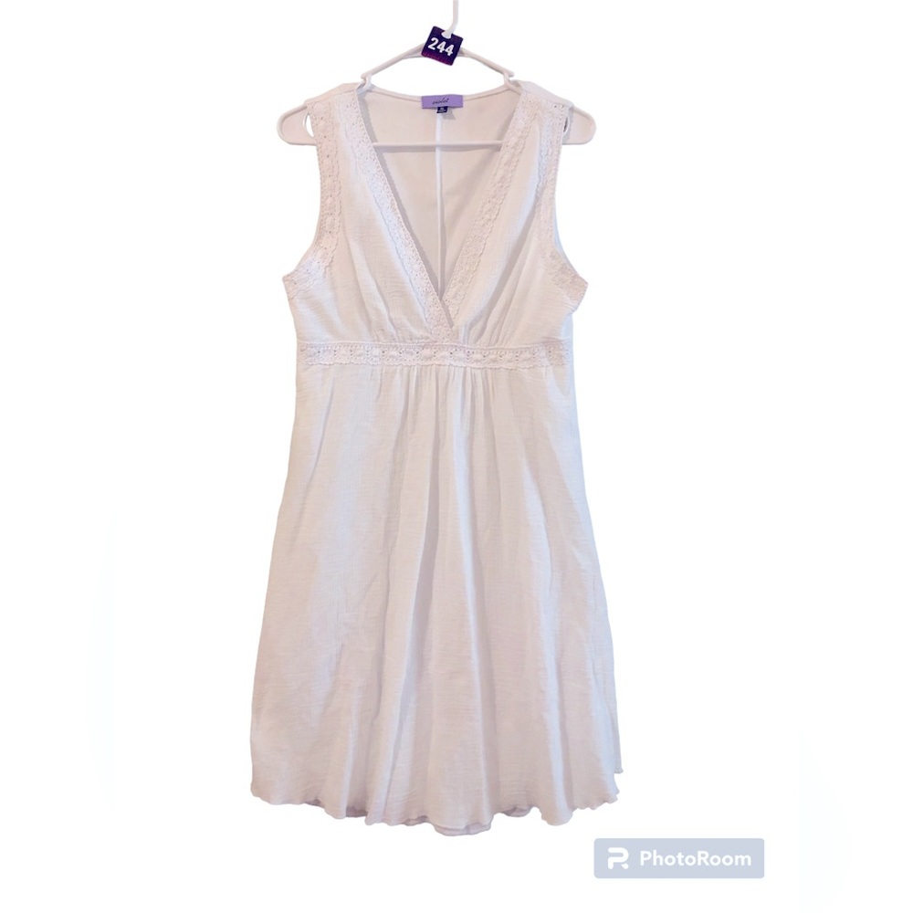 VIOLET White Crinkle Cotton Crochet Trim V-neck Dress Sz XL